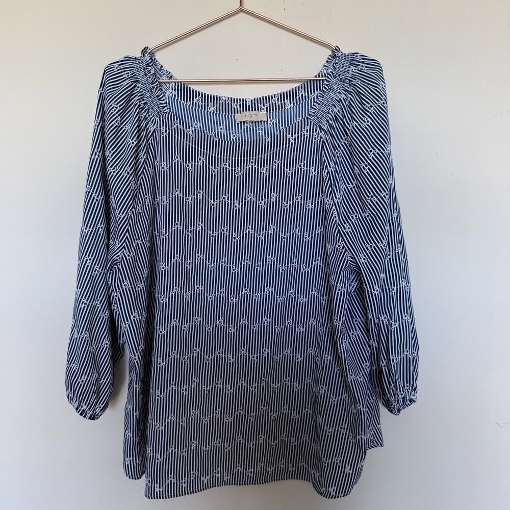 LOFT Blue Striped Scoop-Neck Long Sleeve Blouse - Picture 2 of 6